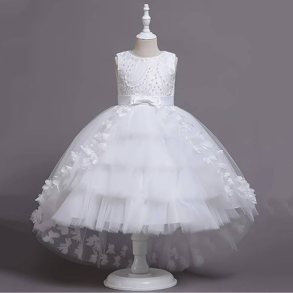 The Unbranded Brand Other - White Tulle Formal Christening Gown 7/8 Floral 3D Applique Satin Bow Flower Girl